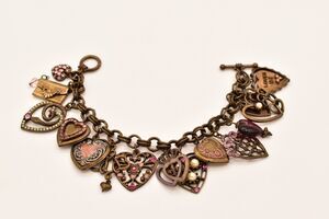 Sweet Romance Vintage Charm Bracelet Heart Locket Crystal Brass Signed BinAD